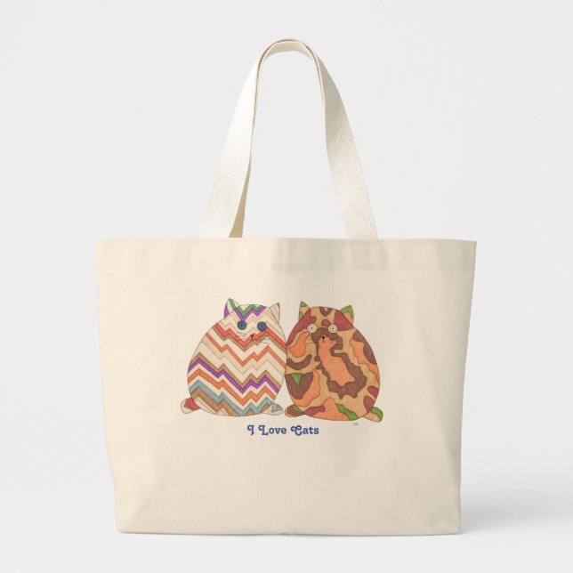 Cute Tote-I Love Cats-2 Fat Cats  Large Tote Bag (Front)