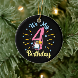 Cute Toucan 4th Birthday 4 Year Old Birth Girl Ceramic Tree Decoration