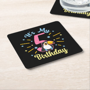 Cute Toucan 5th Birthday 5 Year Old Birth Girl Square Paper Coaster
