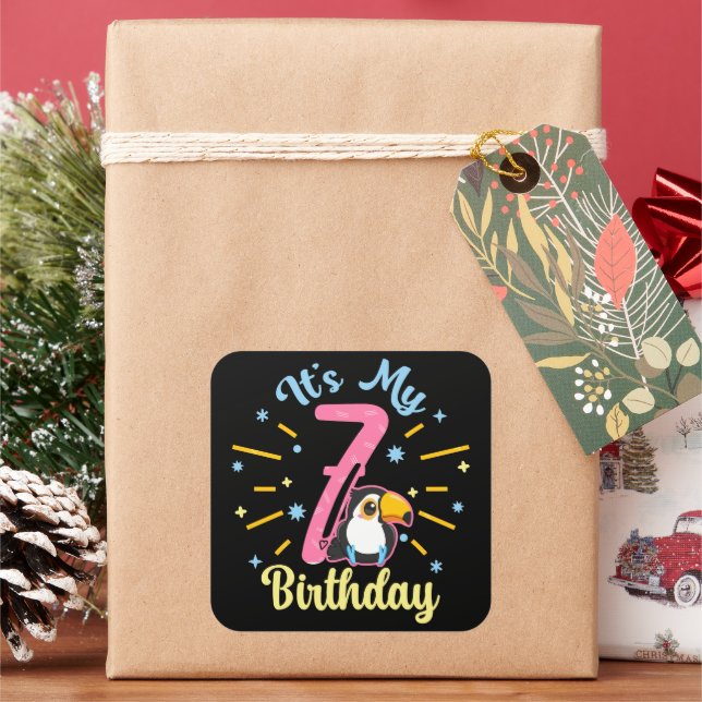 Cute Toucan 7th Birthday 7 Year Old Birth Girl  Square Sticker (Holiday)