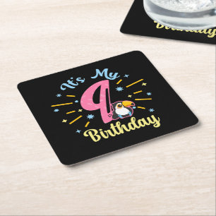 Cute Toucan 9th Birthday 89 Year Old Birth Girl Square Paper Coaster