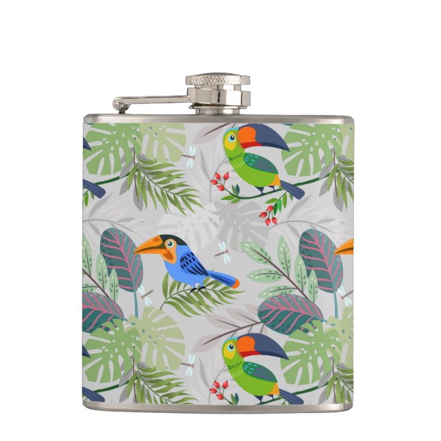 Cute Toucan bird, Everybirdy Pattern, Watercolors Hip Flask (Front)