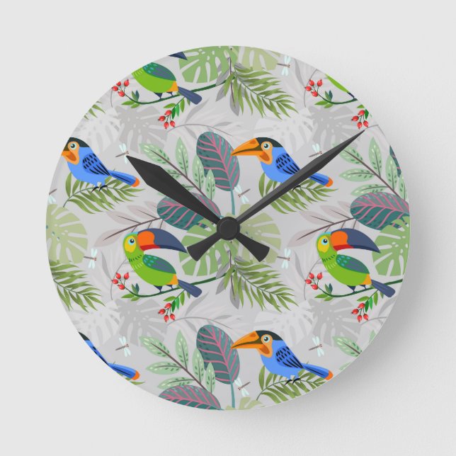 Cute Toucan bird, Everybirdy Pattern, Watercolors Round Clock (Front)