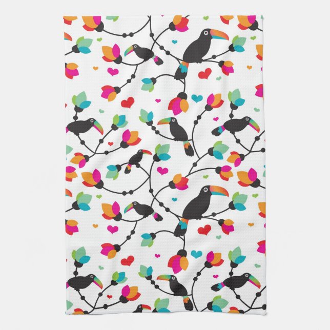 cute toucan bird tropical illustration tea towel (Vertical)