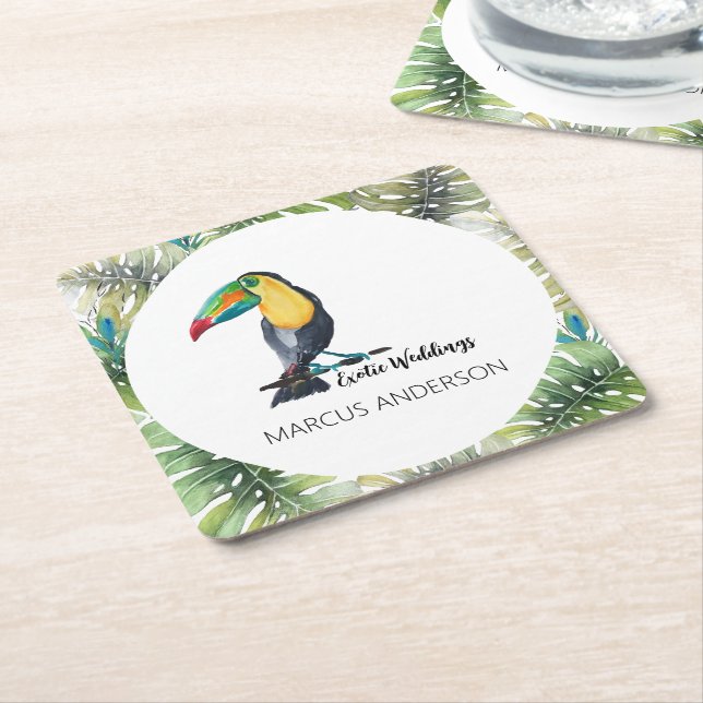 Cute Toucan Exotic Watercolor Illustration Square Paper Coaster (Angled)