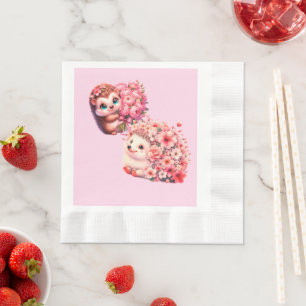 Cute tow hedgehog withe flower in spring napkin