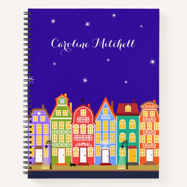Cute Town Black Cat Cartoon Houses Spiral Notebook (Front)
