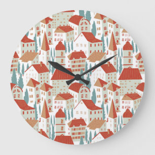 Cute Town Houses: Seamless Illustration Large Clock