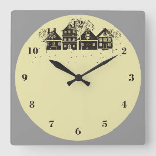 Cute Townhome Scene Square Wall Clock