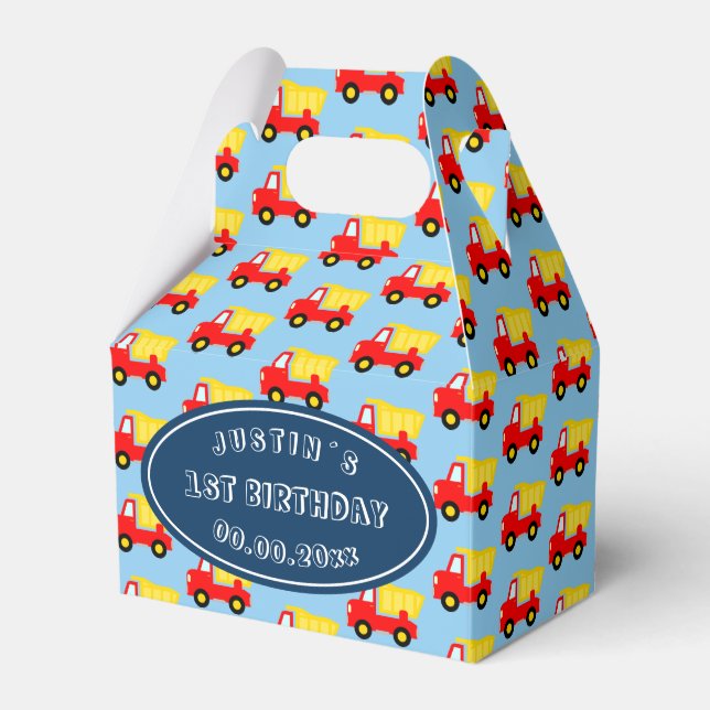 Cute toy dump truck boy´s 1st Birthday party Favour Box (Front Side)