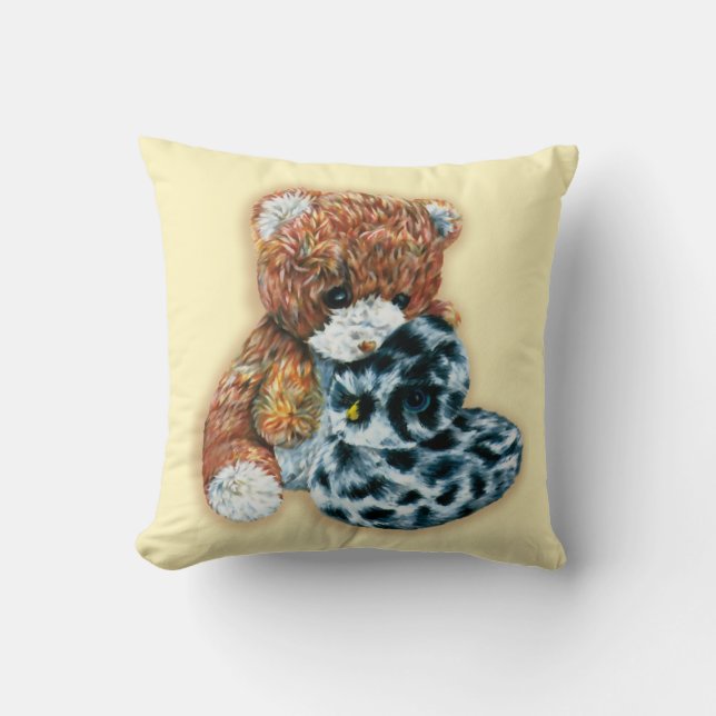Cute toy teddy and duck kids yellow pillow (Front)