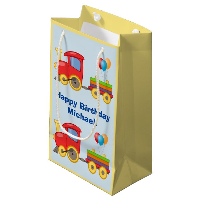 Cute Toy Train Balloons Birthday Party Name Blue Small Gift Bag (Front Angled)