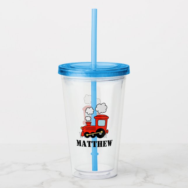 Cute toy train custom boy's name Birthday party Acrylic Tumbler (Front)