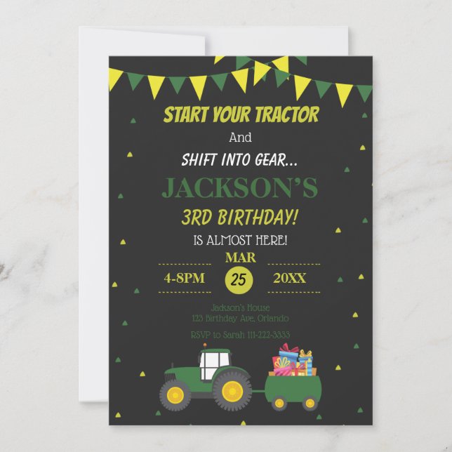 Cute Tractor Farm 3rd Birthday Confetti Invite RSV (Front)