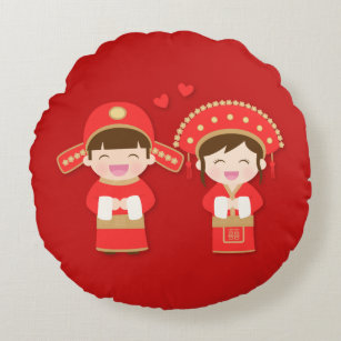 Cute Traditional Chinese Couple Wedding Decor Round Cushion