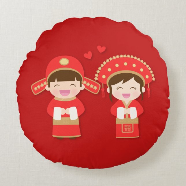 Cute Traditional Chinese Couple Wedding Decor Round Cushion (Front)
