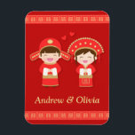 Cute Traditional Chinese Couple Wedding Magnet<br><div class="desc">Design comes with a cartoon of a cute boy and girl dressed in a traditional bright red and gold Chinese bridegroom and bride costumes complete with head pieces. Red is an auspicious colour in Chinese culture. Note that the gold refer to here is a close match of the colour and...</div>