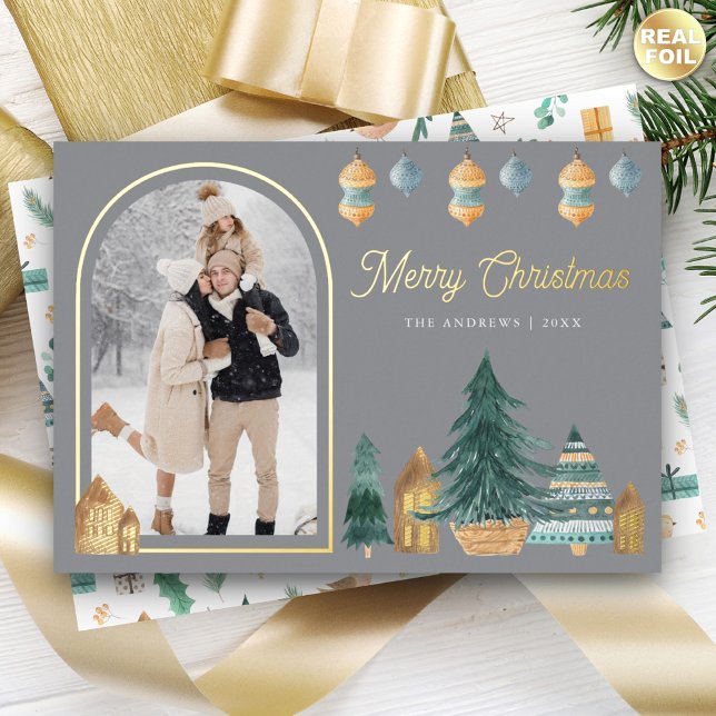 Cute Traditional Nordic Arch Photo Grey Christmas Foil Holiday Card (Creator Uploaded)