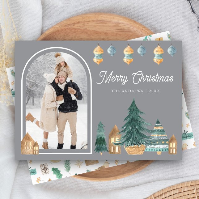 Cute Traditional Nordic Arch Photo Grey Christmas Holiday Card (Creator Uploaded)