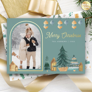 Cute Traditional Nordic Arch Photo Teal Christmas Foil Holiday Card