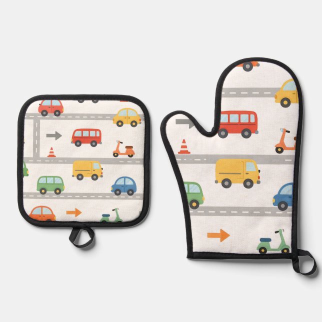 Cute Traffic Road Vehicles Pattern Kids Oven Mitt & Pot Holder Set (Front)