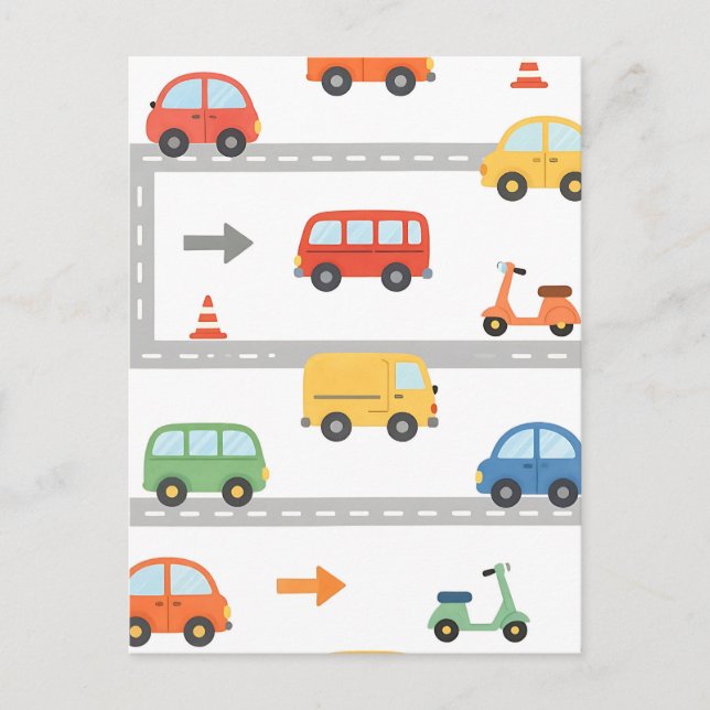 Cute Traffic Road Vehicles Pattern Kids Postcard (Front)