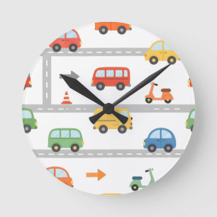 Cute Traffic Road Vehicles Pattern Kids Round Clock