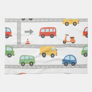 Cute Traffic Road Vehicles Pattern Kids Tea Towel