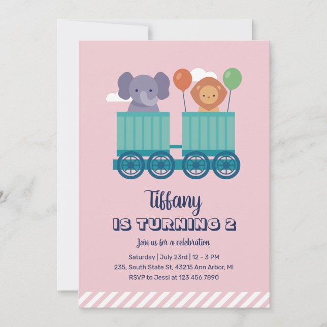 Cute Train Safari Animal Cartoon Kids Birthday Invitation (Front)