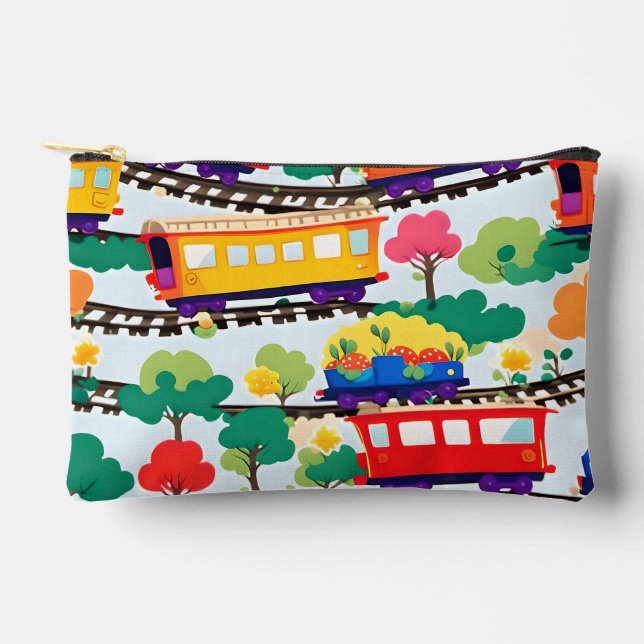 Cute trains and trees pattern blue accessory pouch (Front)