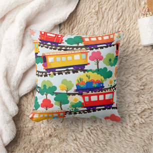 Cute trains and trees pattern blue cushion