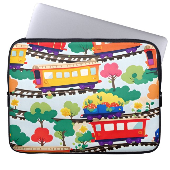 Cute trains and trees pattern blue laptop sleeve (Front)