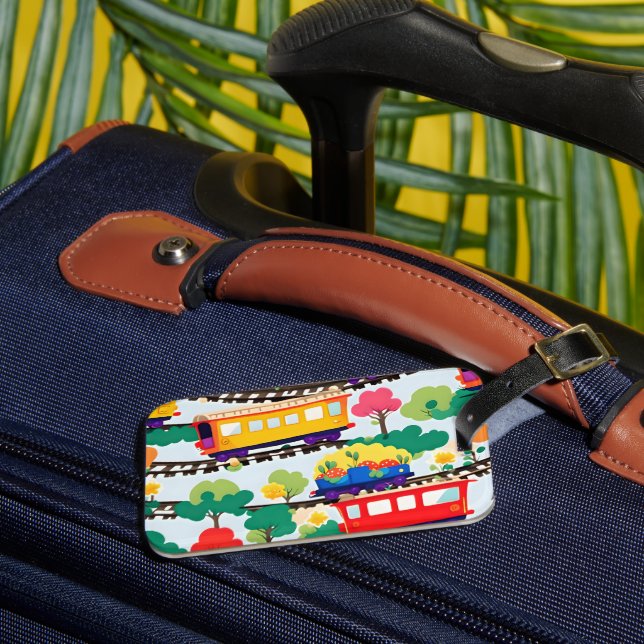 Cute trains and trees pattern blue luggage tag (Front Insitu 3)
