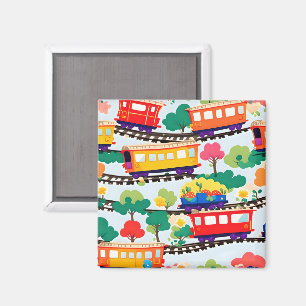 Cute trains and trees pattern blue magnet