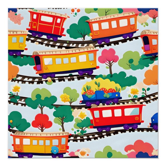 Cute trains and trees pattern blue poster (Front)