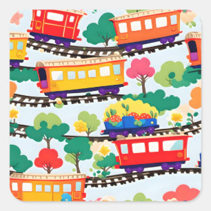 Cute trains and trees pattern blue square sticker
