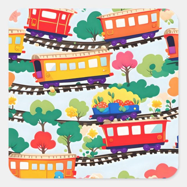 Cute trains and trees pattern blue square sticker (Front)