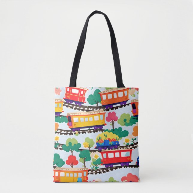 Cute trains and trees pattern blue tote bag (Front)