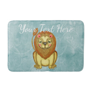 Cute Tranquil Lion on Blue Bath Mat