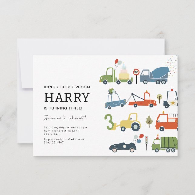 Cute Transportation Themed Party Invitation AGE 3 (Front)
