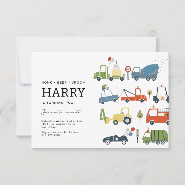 Cute Transportation Themed Party Invitation AGE 4 (Front)