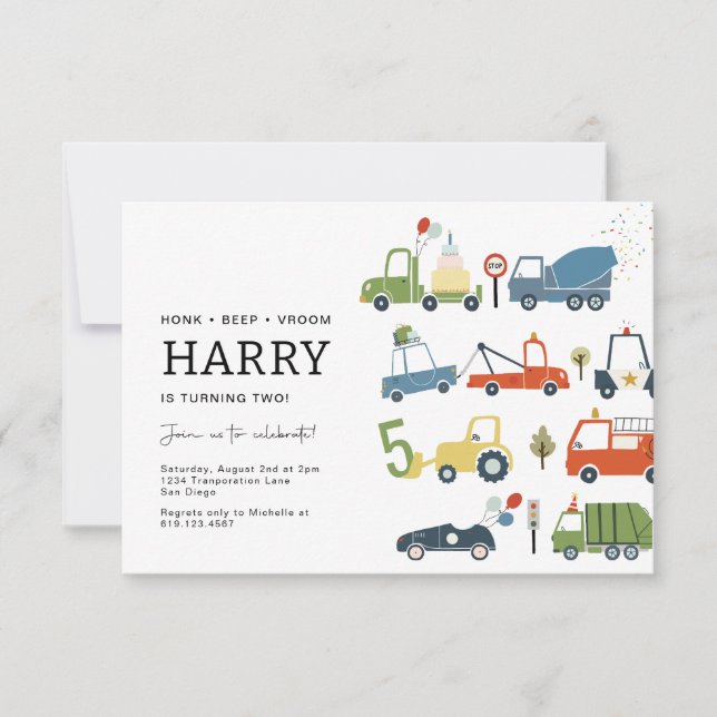 Cute Transportation Themed Party Invitation AGE 5 (Front)