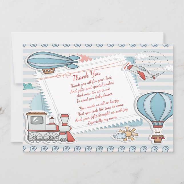 Cute Travel Themed Baby Boy Shower Thank You Card (Front)