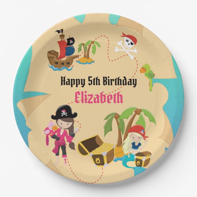 Cute Treasure Map Pink Girl Pirate Birthday Party Paper Plate (Front)