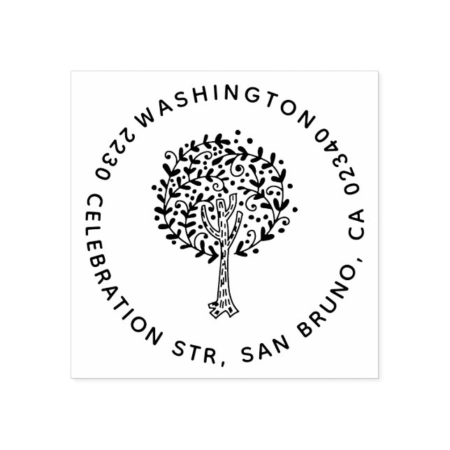Cute Tree Family Name Round Return Address Rubber Stamp (Imprint)