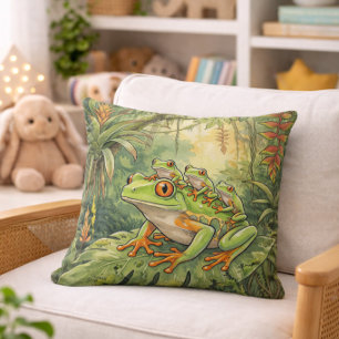 Cute Tree Frog Mama And Froglets Jungle Animals Cushion