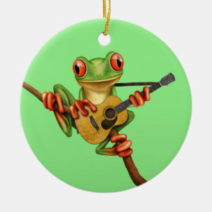 Cute Tree Frog Playing an Acoustic Guitar Green Ceramic Tree Decoration