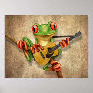 Cute Tree Frog Playing an Acoustic Guitar Rough Poster