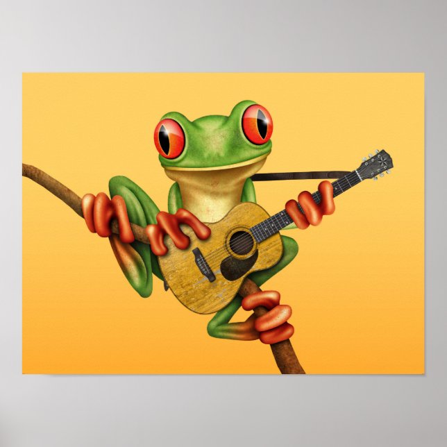 Cute Tree Frog Playing an Acoustic Guitar Yellow Poster (Front)