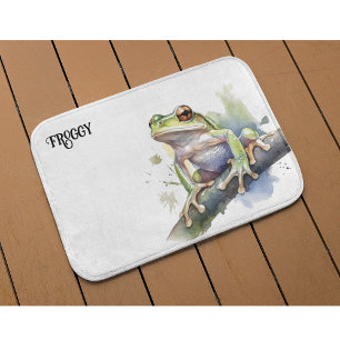 cute tree frog sitting on a branch customisable bath mat